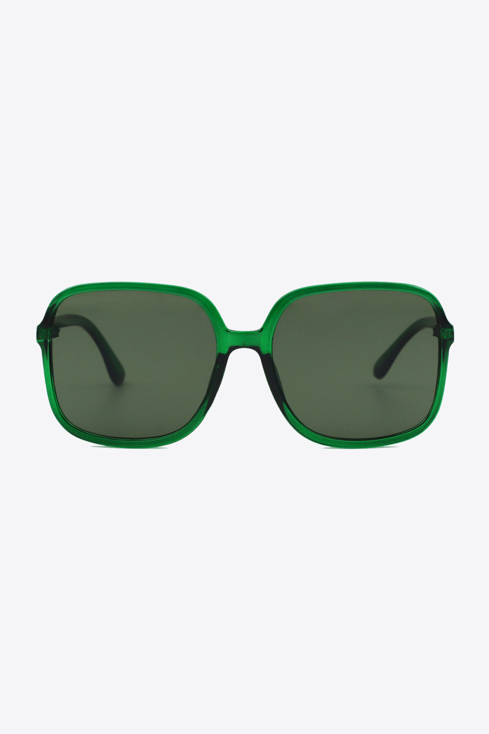Green polycarbonate square sunglasses feature softly rounded frames, broad dark lenses, a defined top line, and sleek temples for a bold, streamlined silhouette.