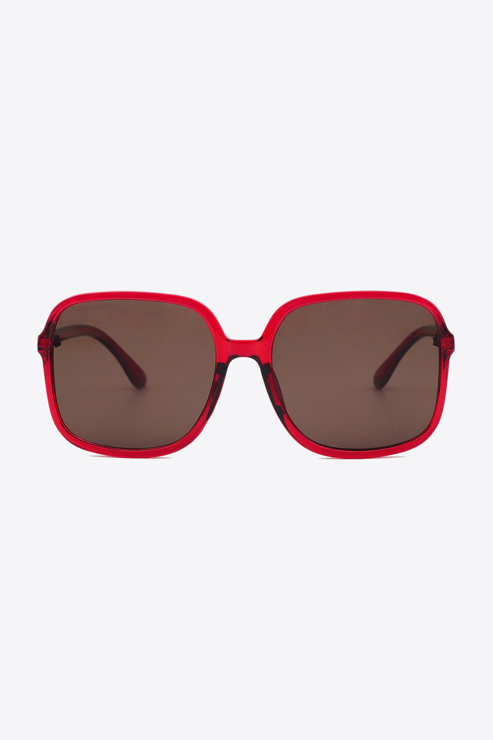 Red polycarbonate square sunglasses feature broad brown lenses, a softly rounded silhouette, a defined top line, and substantial streamlined temples.