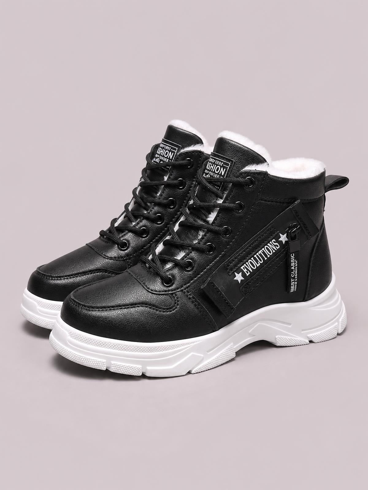 Black lace-up combat boots with plush fleece lining, textured PU leather uppers, padded collars, sturdy eyelets, and chunky white rubber soles.