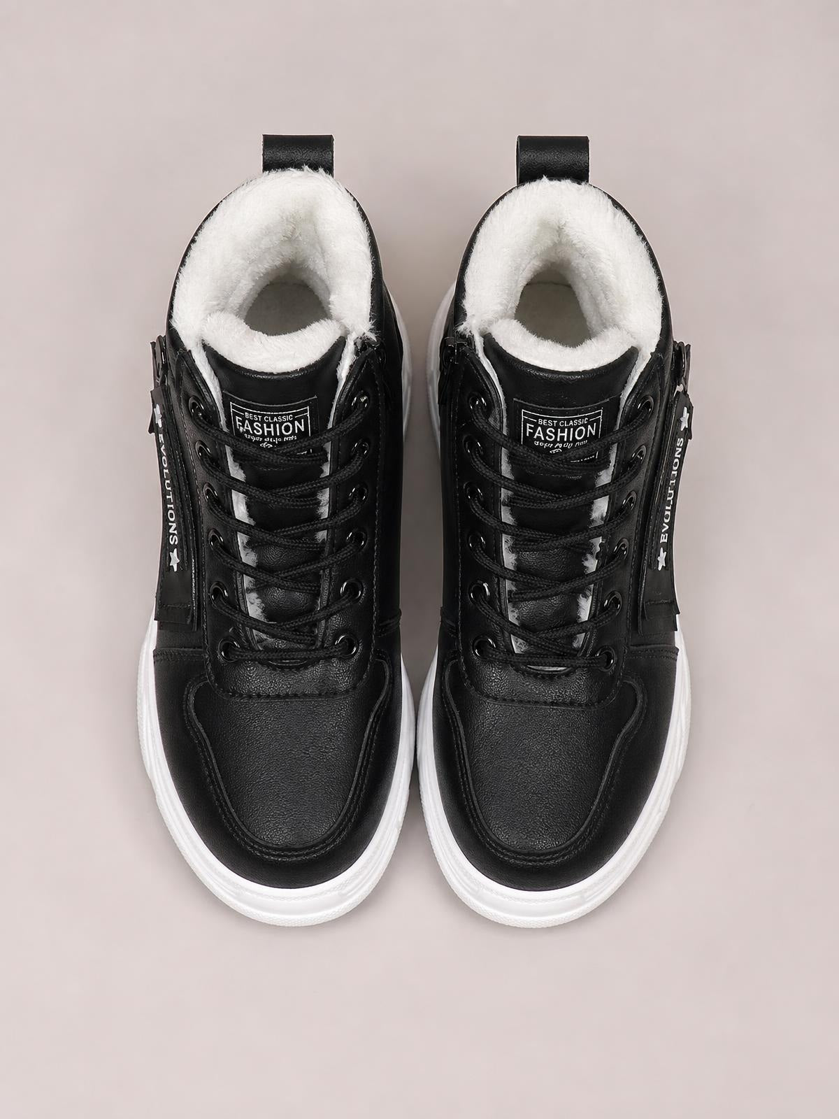 Pair of black PU leather lace-up combat boots with metal eyelets, plush fleece lining, padded collars, and contrasting white rubber soles.