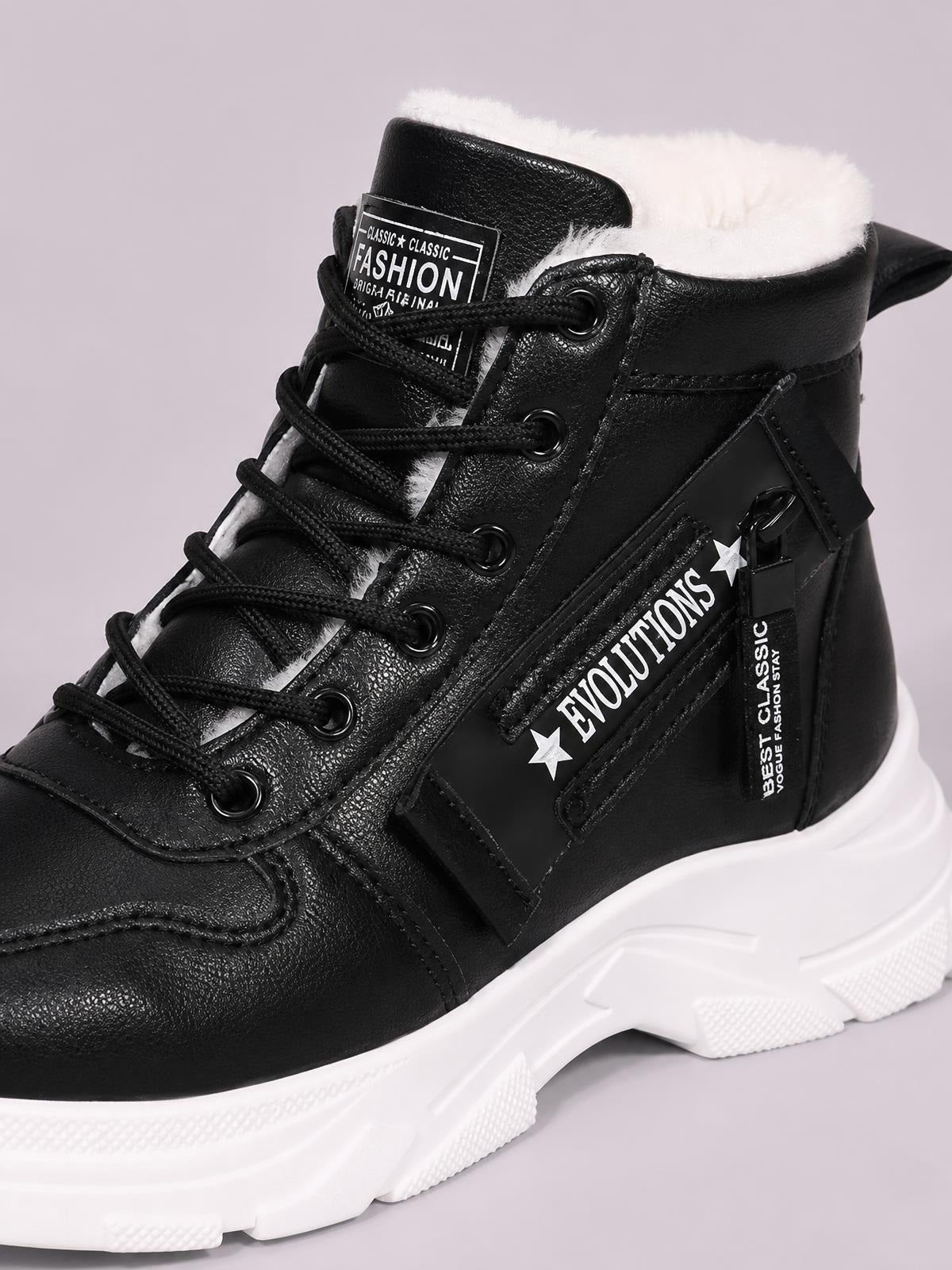 Black PU leather combat boot with secure lace-up construction, plush fleece lining, graphic side panels, and a chunky white rubber sole.