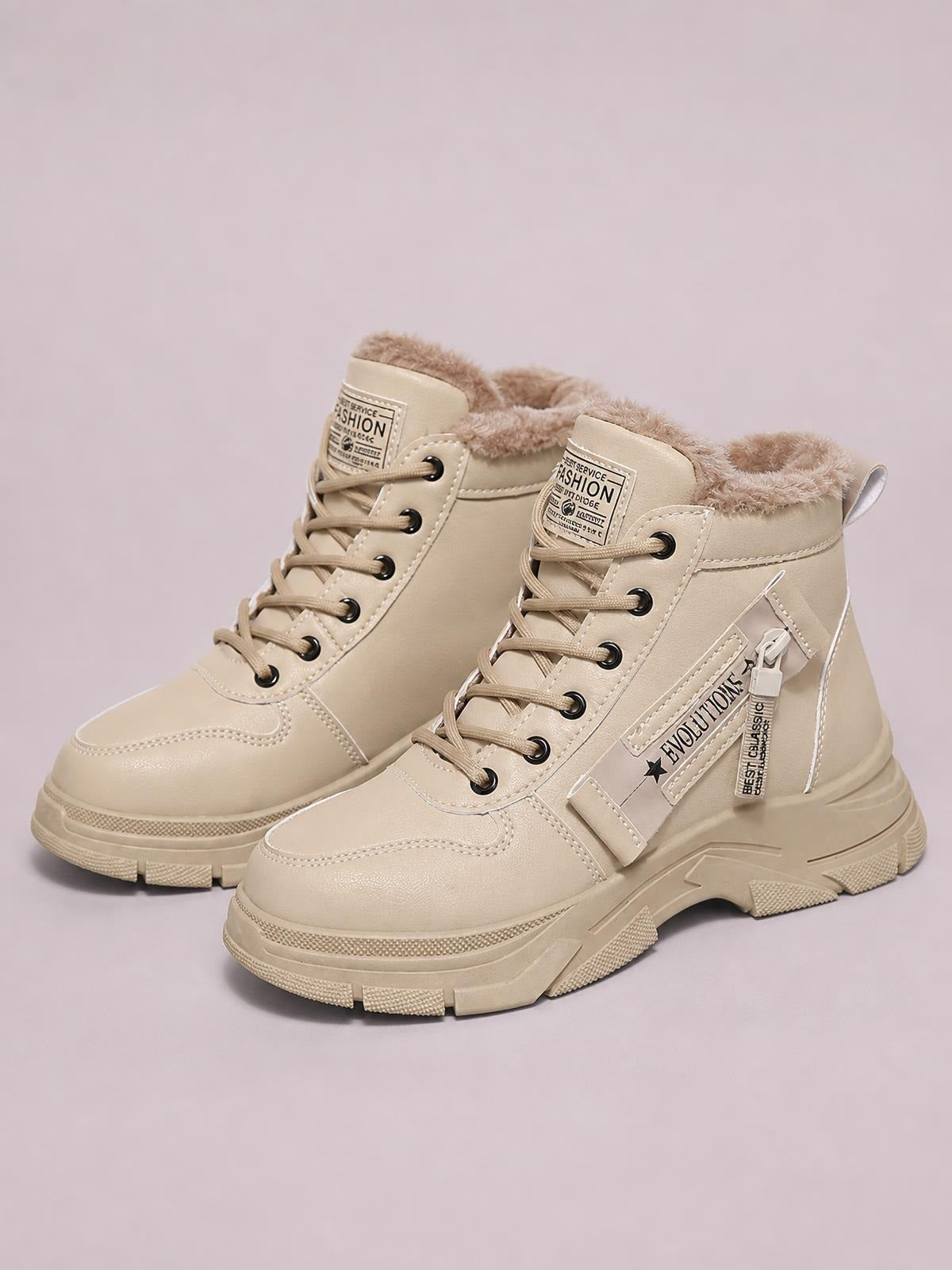 Cream PU leather lace-up combat boots with fleece-lined collars, low heels, stitched panels, side zippers, and chunky rubber soles.