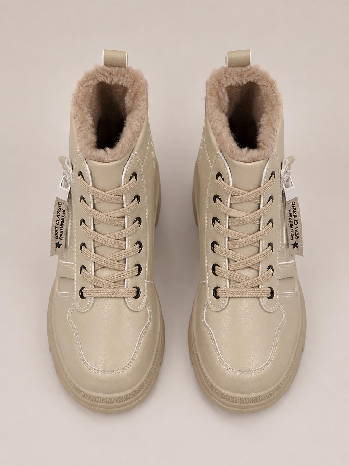 Beige PU leather lace-up combat boots with plush fleece lining, low heels, reinforced stitching, pull tabs, and sturdy rubber soles.