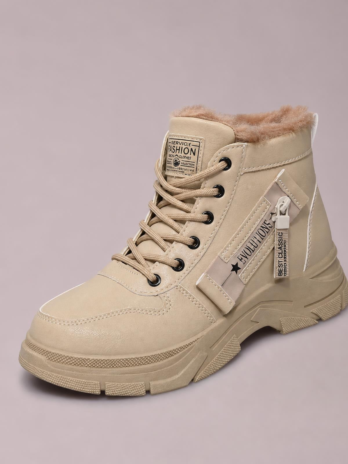 Beige lace-up combat boot with a fleece-lined collar, stitched PU leather panels, black eyelets, and a rugged rubber lug sole with a low heel.