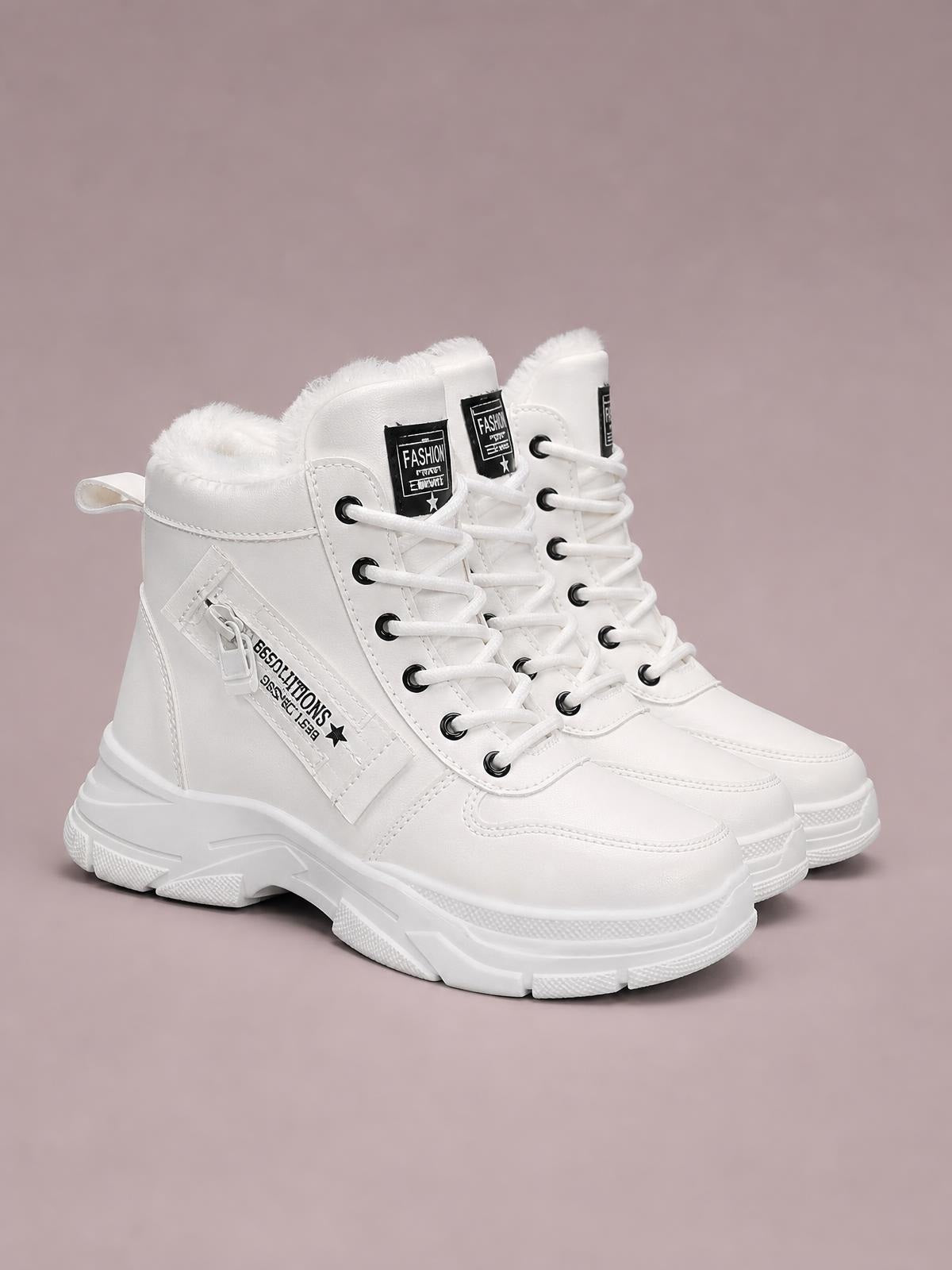 White PU leather lace-up combat boots feature plush fleece lining, metal eyelets, side zippers, padded collars, and chunky rubber soles with low heels.