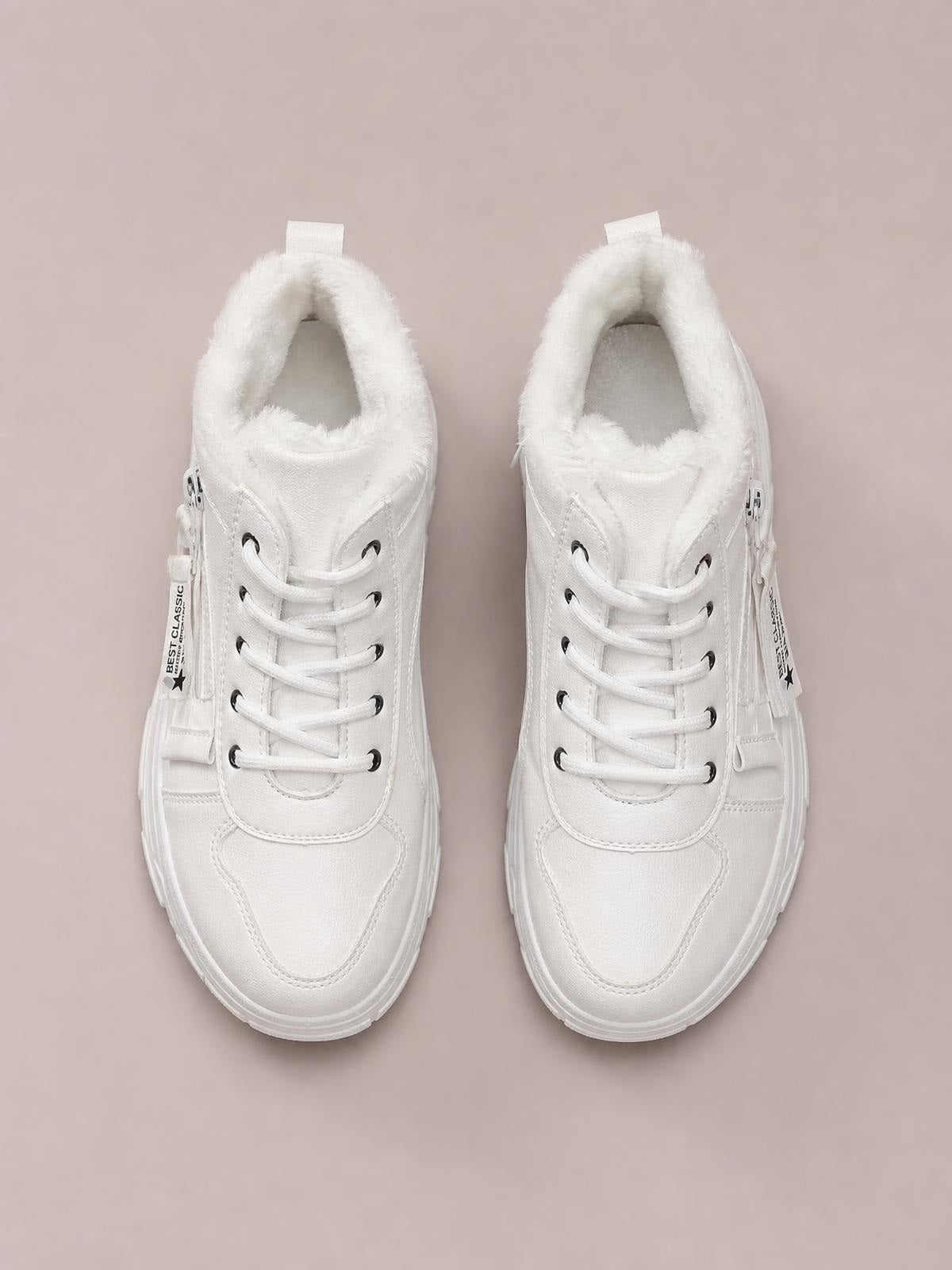 Pair of white PU leather lace-up combat boots with plush fleece-lined collars, side zippers, stitched panels, and low rubber soles.