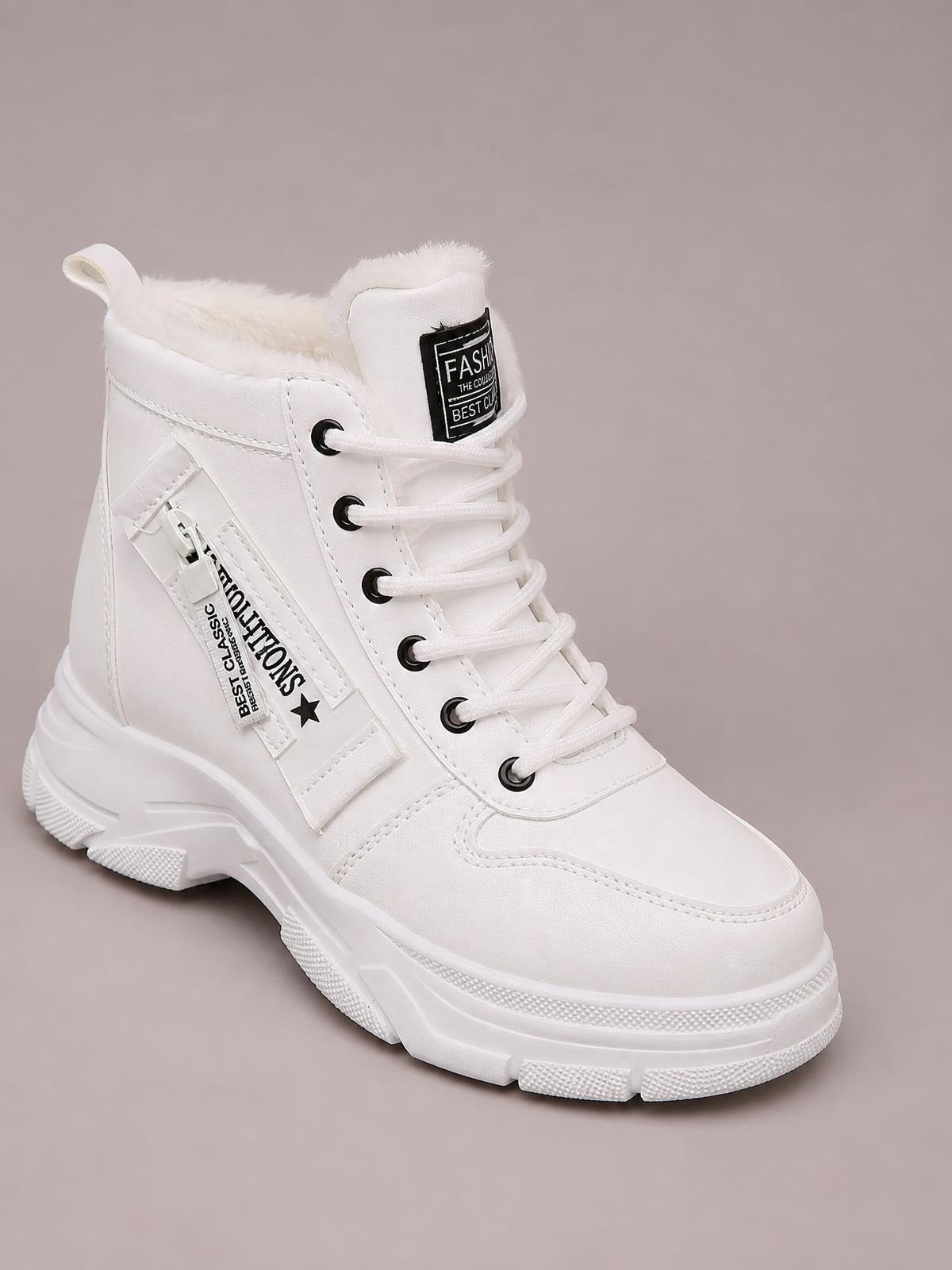 White lace-up combat boots with plush fleece lining, black eyelets, side zipper detail, and chunky low-heel rubber soles.