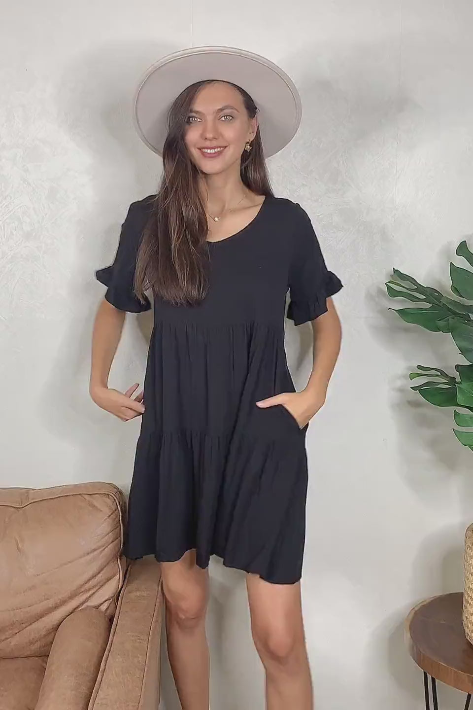 Load video: V-Neck Flounce Sleeve Tiered Dress