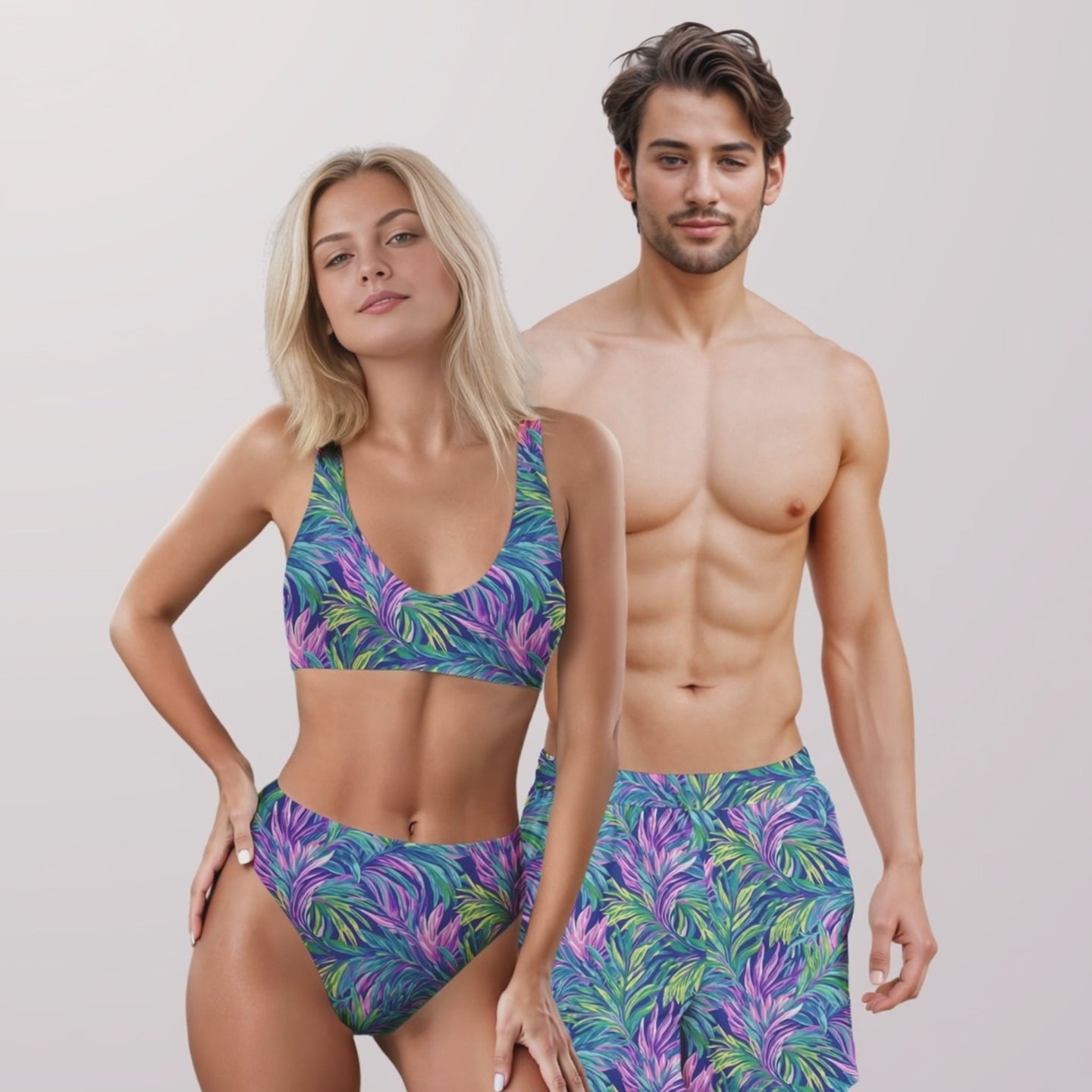 Load video: Couples Matching Swimsuits - Tropical Palms IV