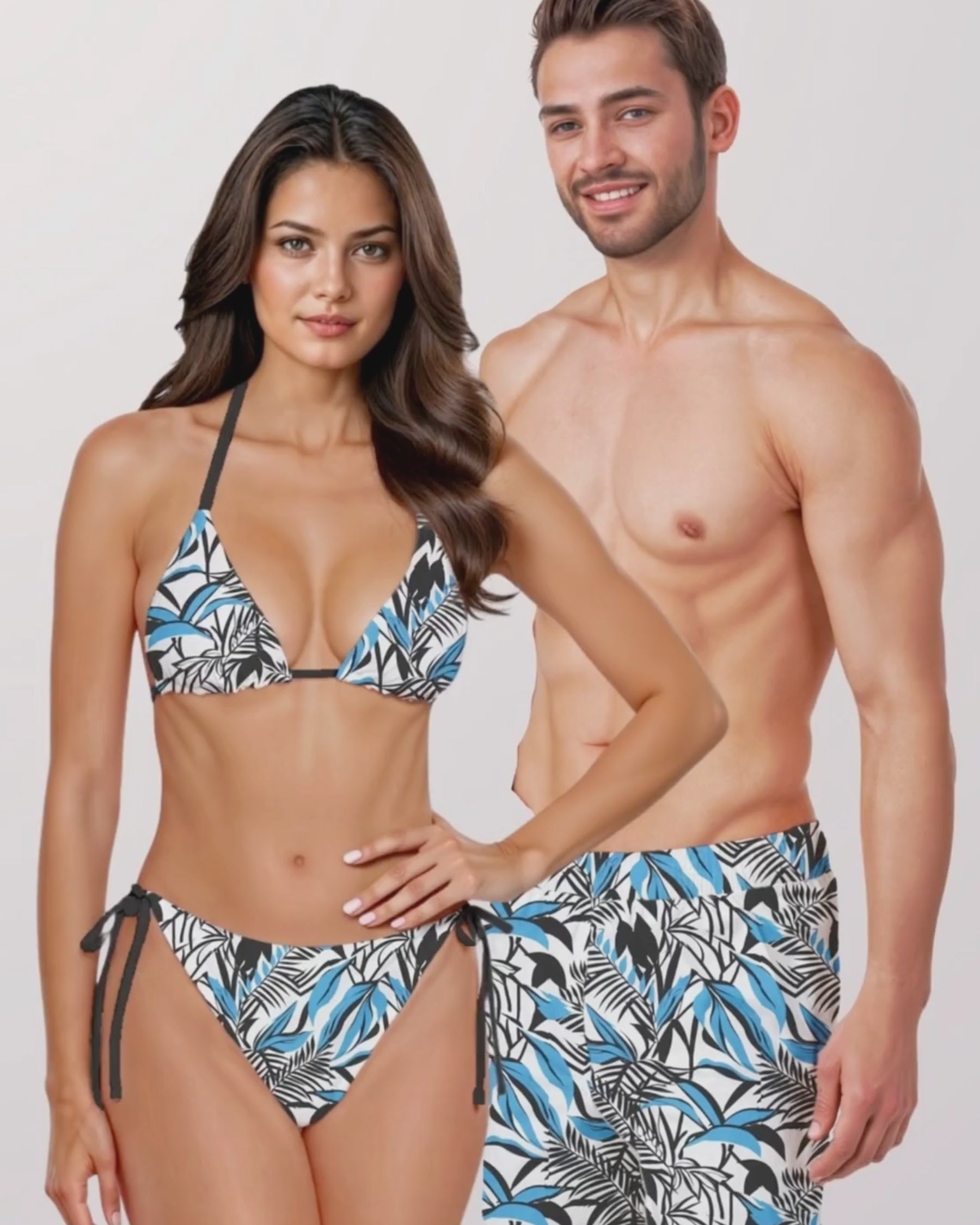 Load video: Couples Matching Swimsuits - Blue Tropical Abstract IX
