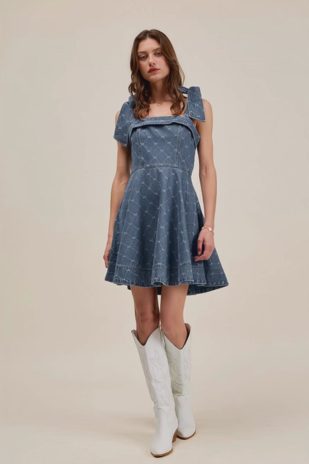 Load video: A Line Fit and Flare Diamond Bow Ribbon Denim Dress