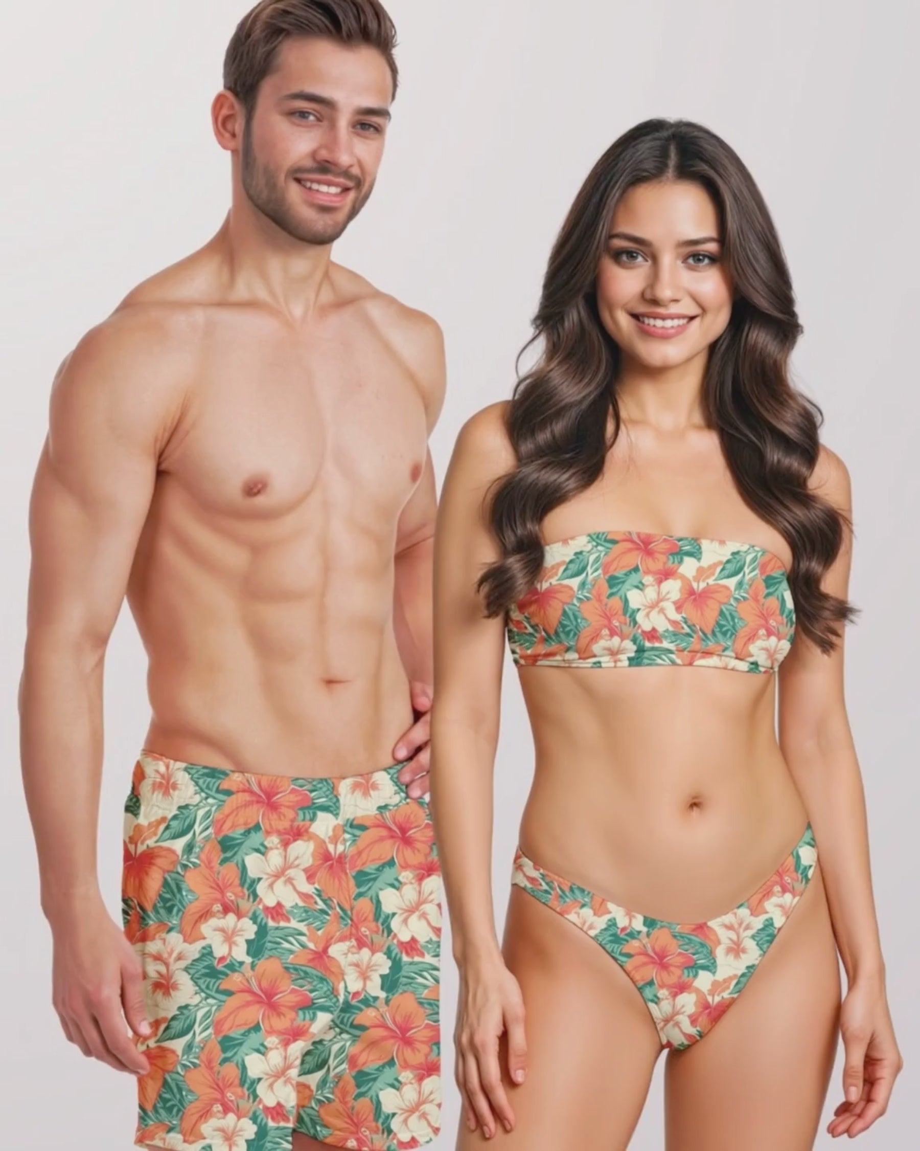 Load video: Couples Matching Swimsuits - Tropical Hawaiian II