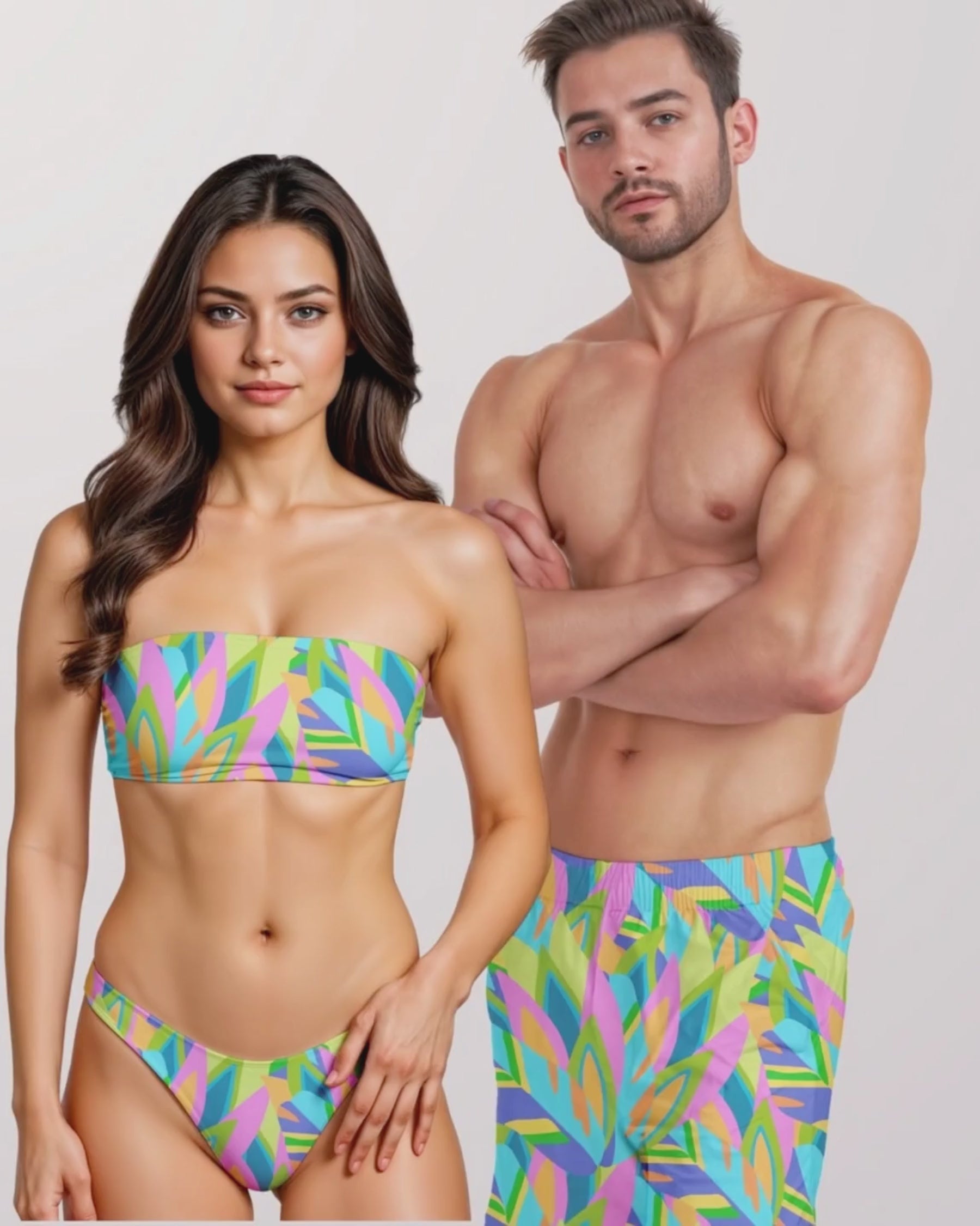 Load video: Couples Matching Swimsuits - Colorful Abstract IX