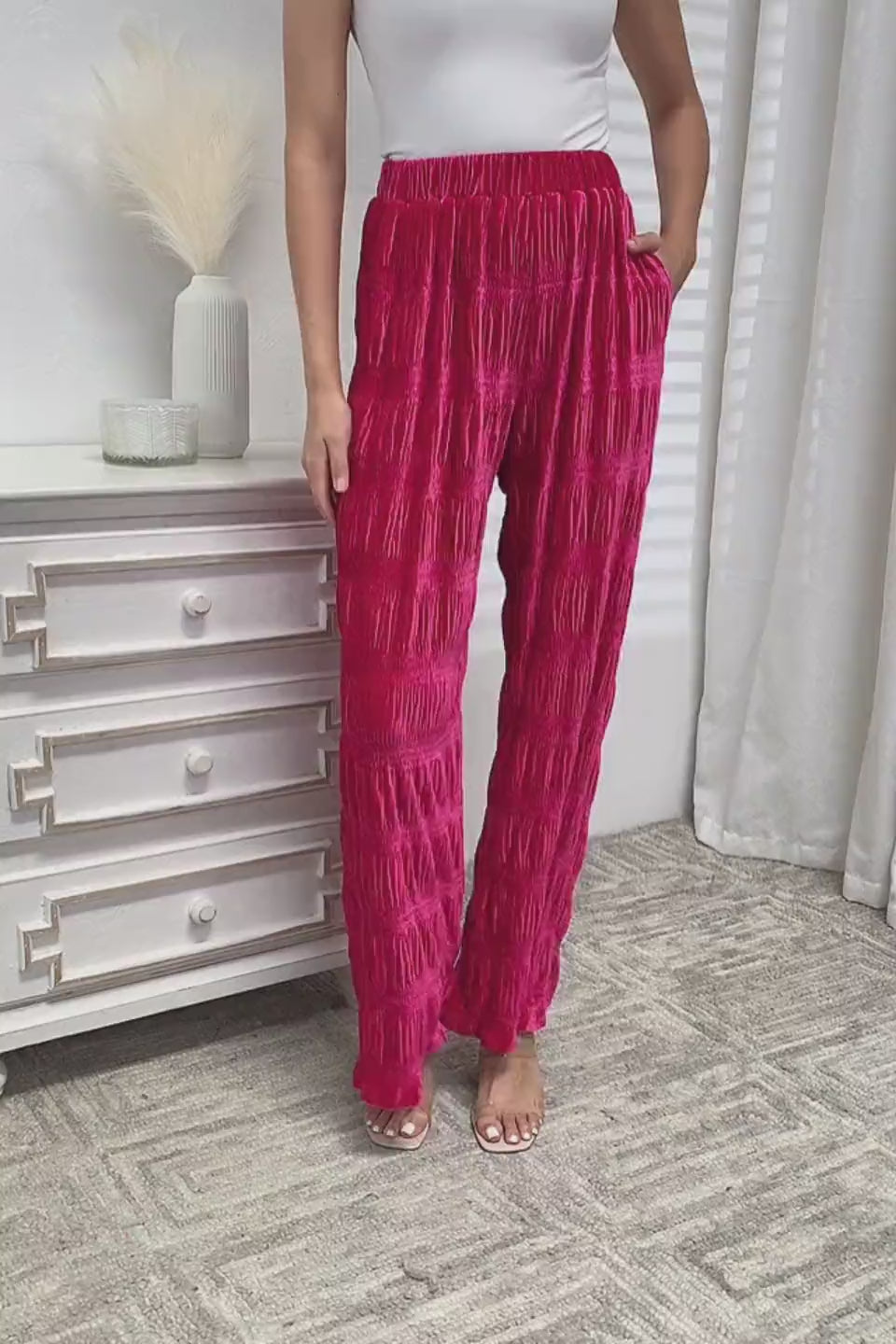 Load video: High Waist Tiered Shirring Velvet Wide Leg Pants