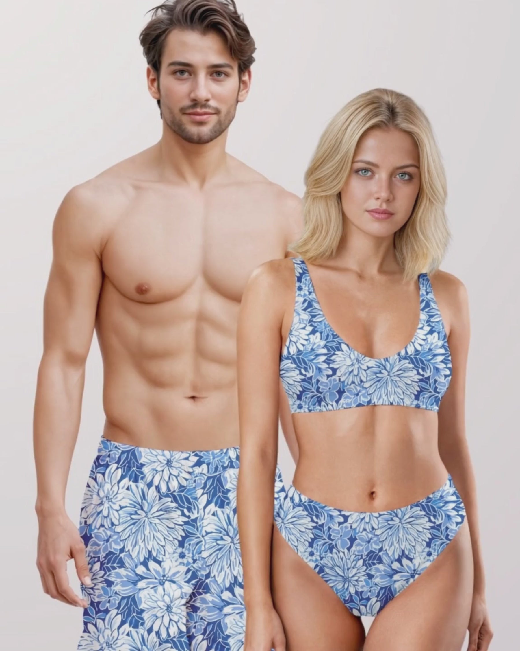 Load video: Couples Matching Swimsuits - Blue Floral V