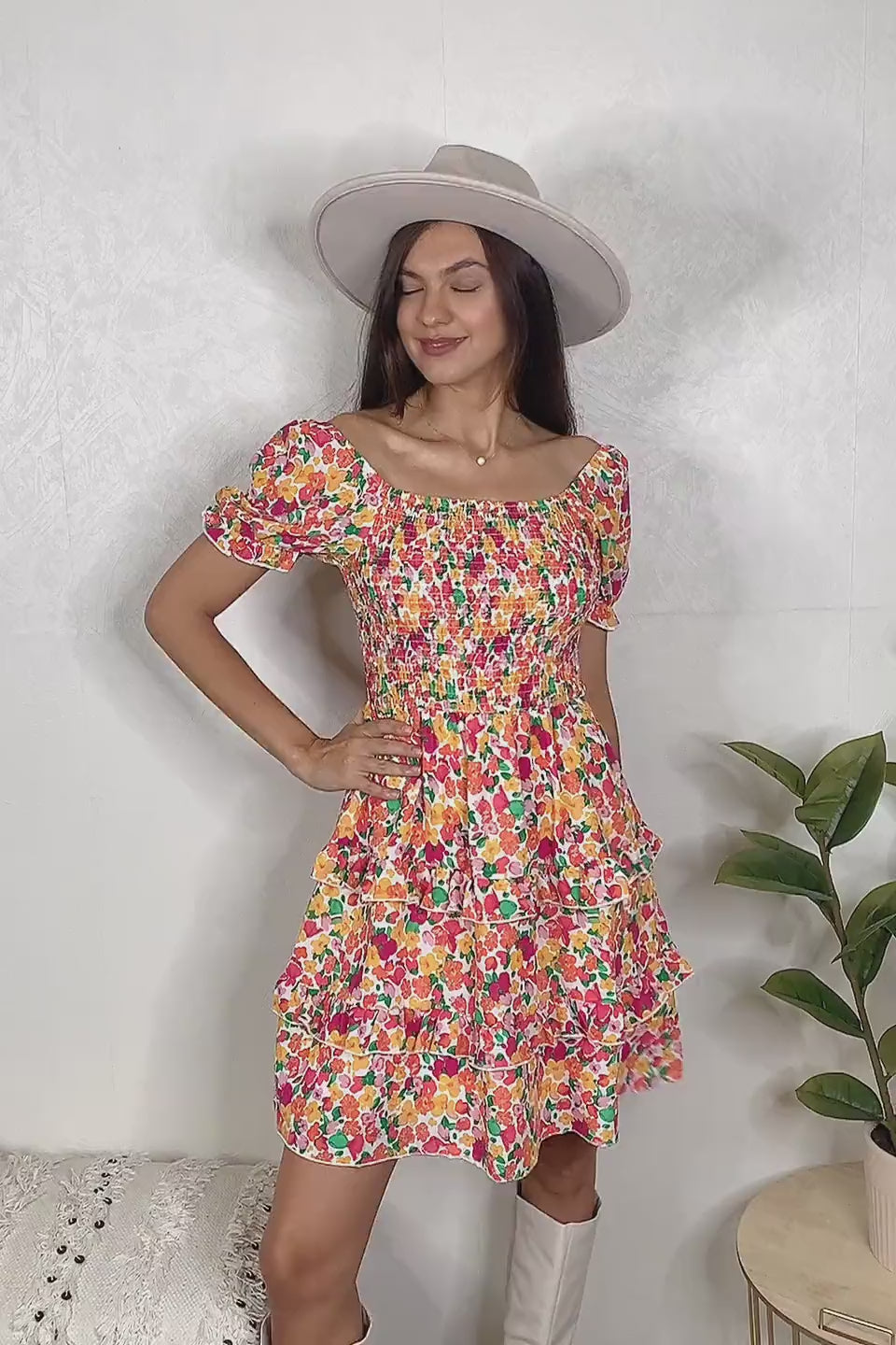 Load video: Smocked Sweetheart Neck Flounce Sleeve Mini Dress