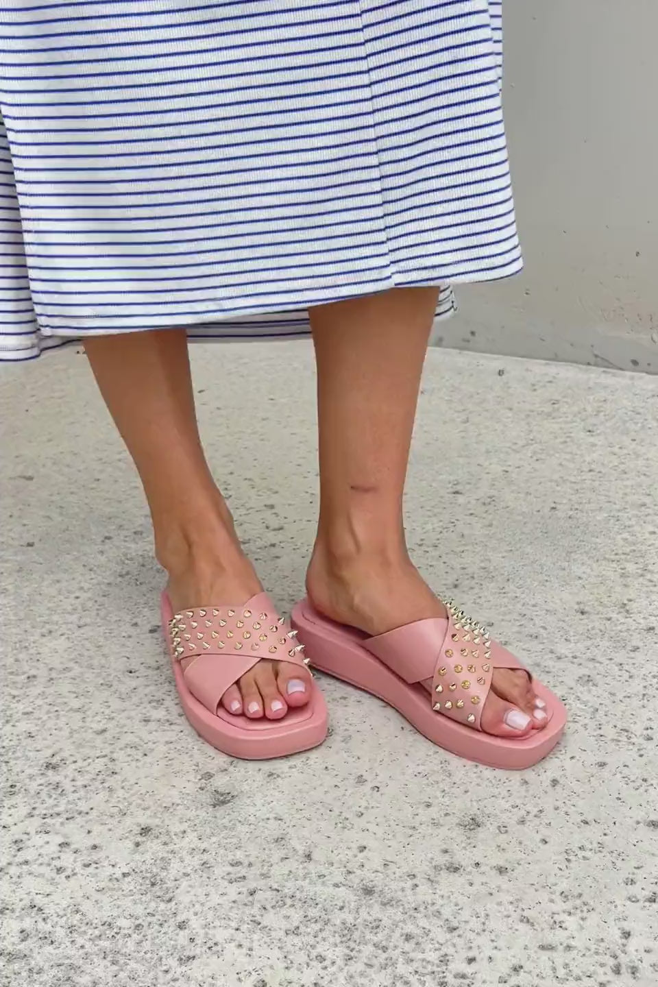Load video: Studded Cross Strap Sandals in Blush