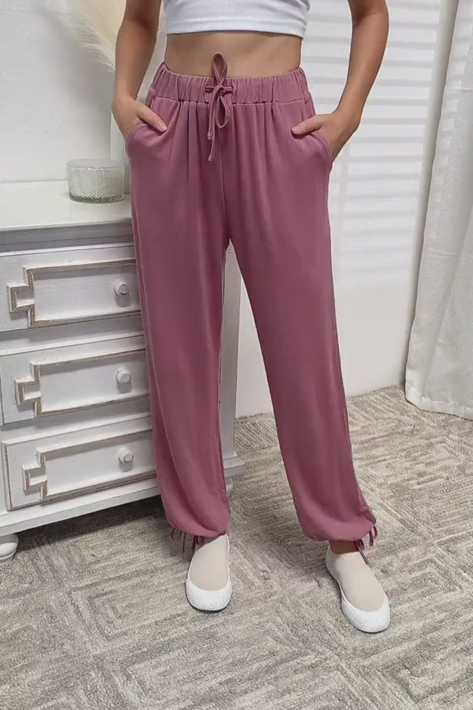 Load video: Soft Rayon Drawstring Waist Pants with Pockets