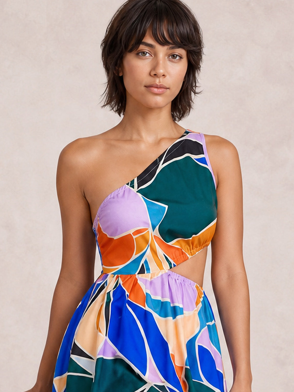 Printed Cutout One-Shoulder Sleeveless Dress-Soulshine Design