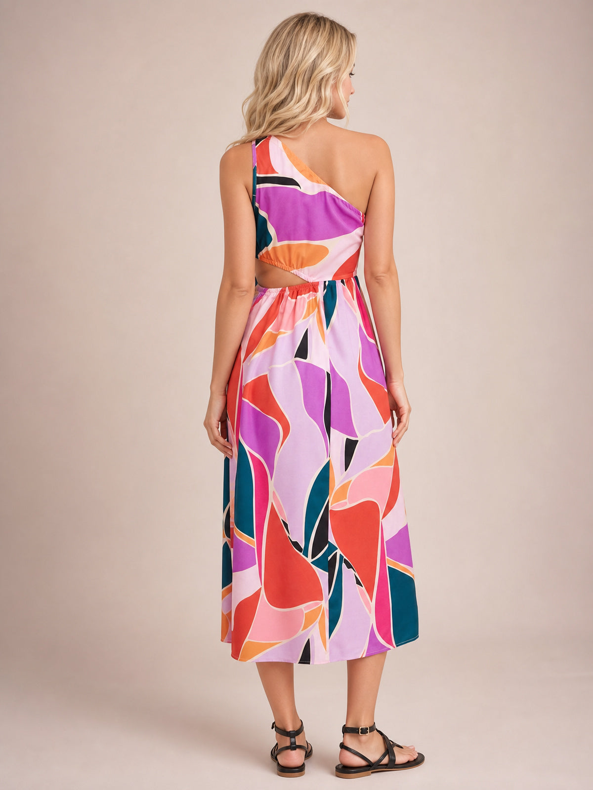 Printed Cutout One-Shoulder Sleeveless Dress-Soulshine Design
