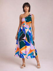 Printed Cutout One-Shoulder Sleeveless Dress-Blue-S-Soulshine Design
