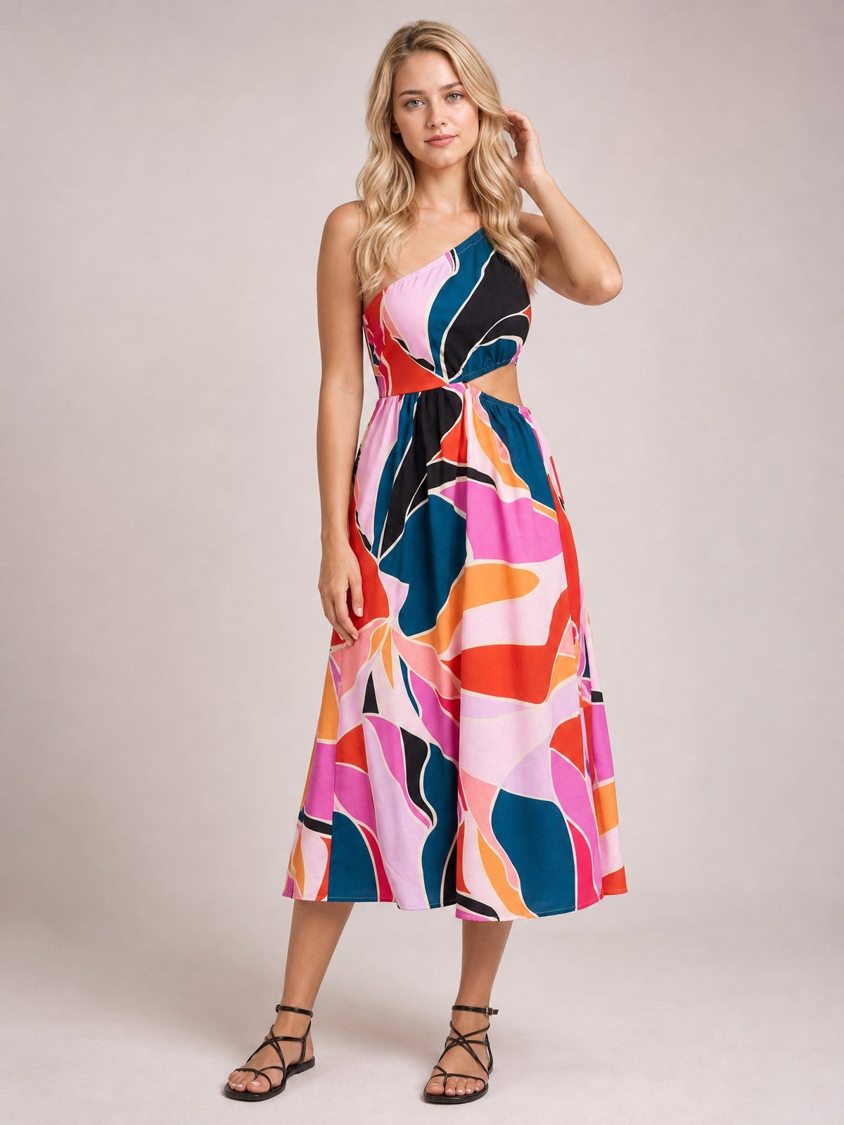 Printed Cutout One-Shoulder Sleeveless Dress-Magenta-S-Soulshine Design