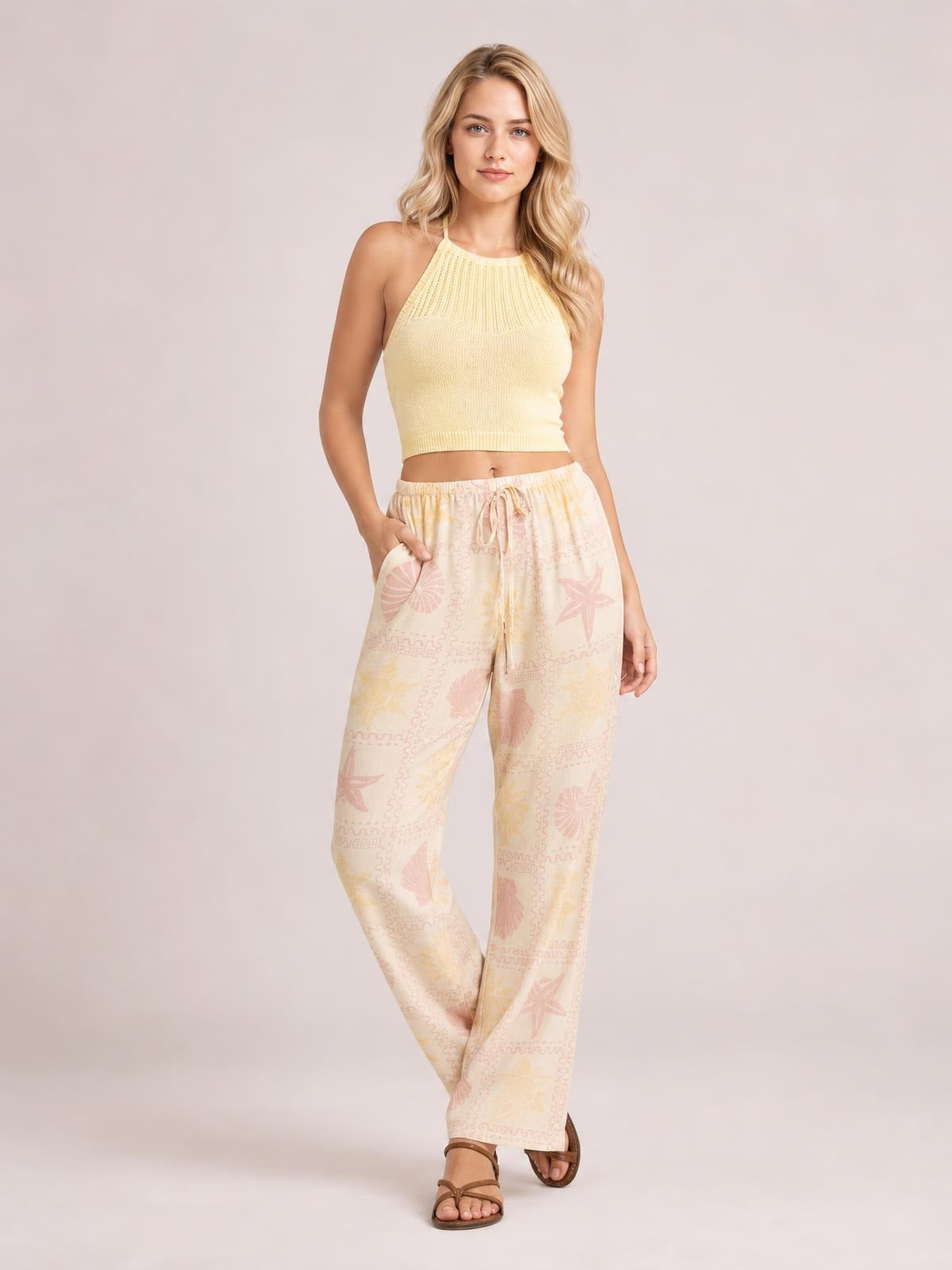 Printed Drawstring Straight Pants · Hero Full Body