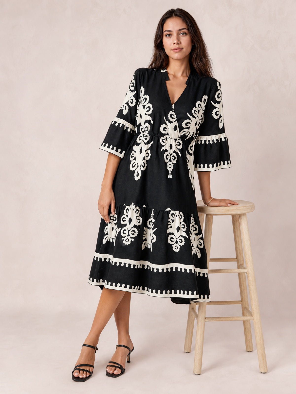 Printed Half Sleeve Knee Length Dress-Soulshine Design