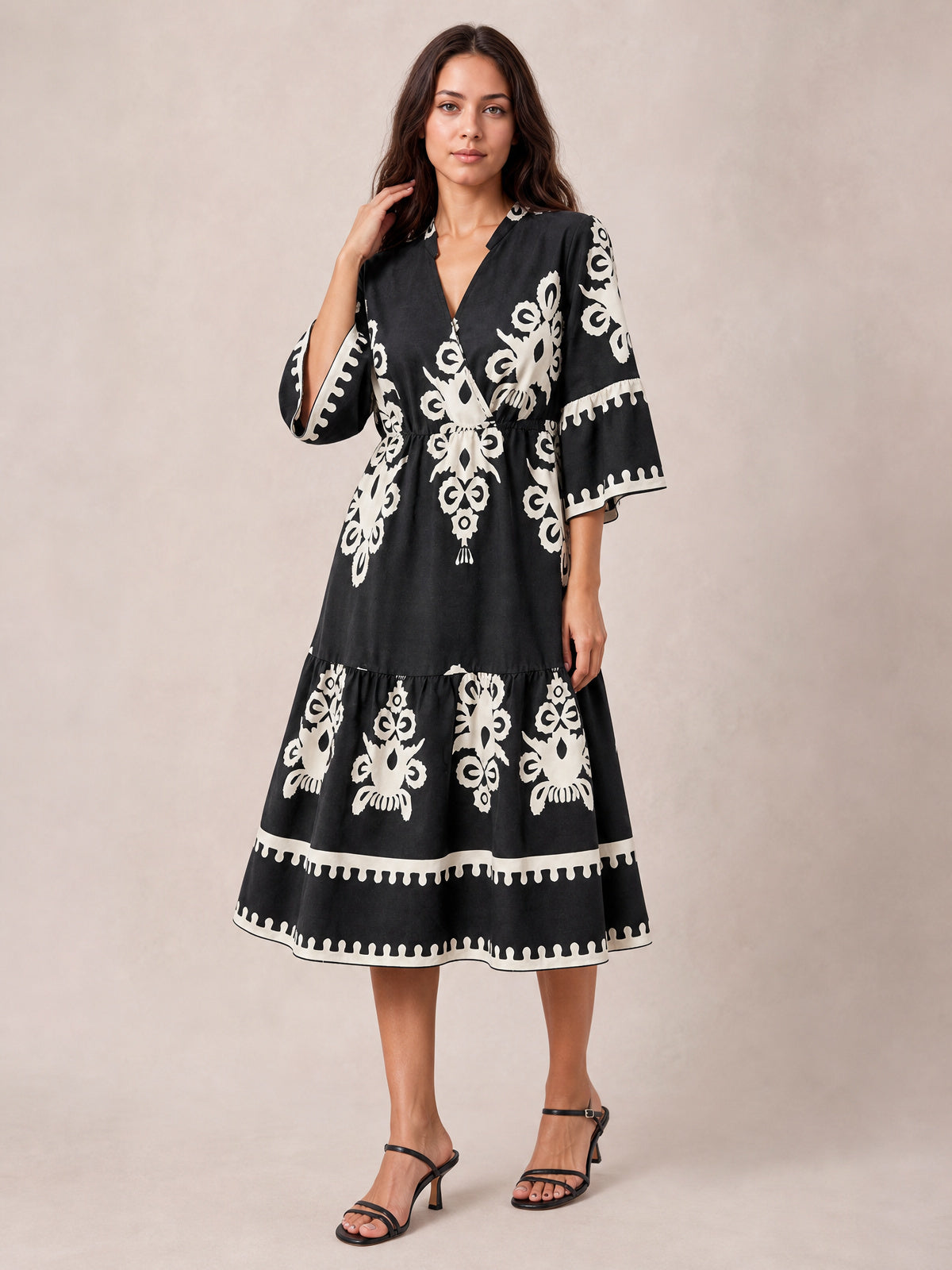 Printed Half Sleeve Knee Length Dress-Black-S-Soulshine Design