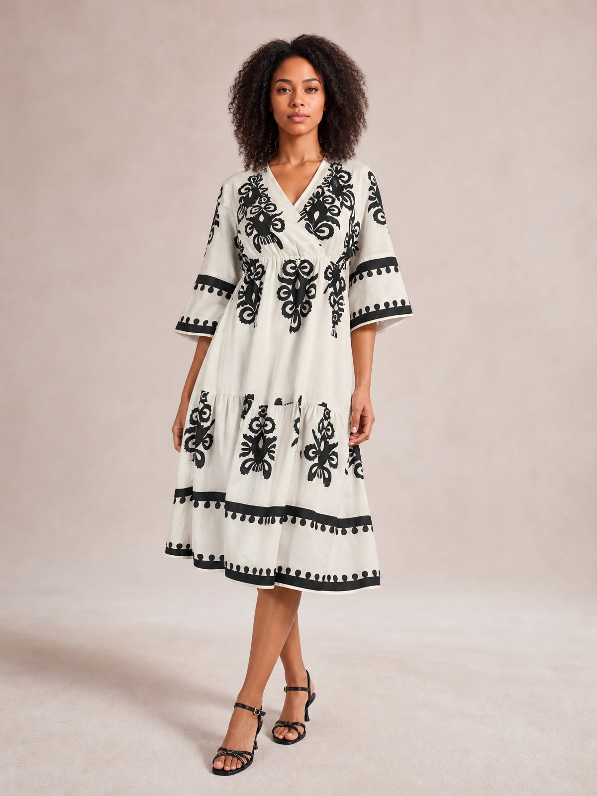 Printed Half Sleeve Knee Length Dress-Ivory-S-Soulshine Design