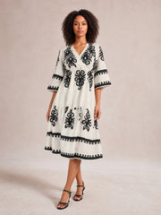 Printed Half Sleeve Knee Length Dress-Ivory-S-Soulshine Design