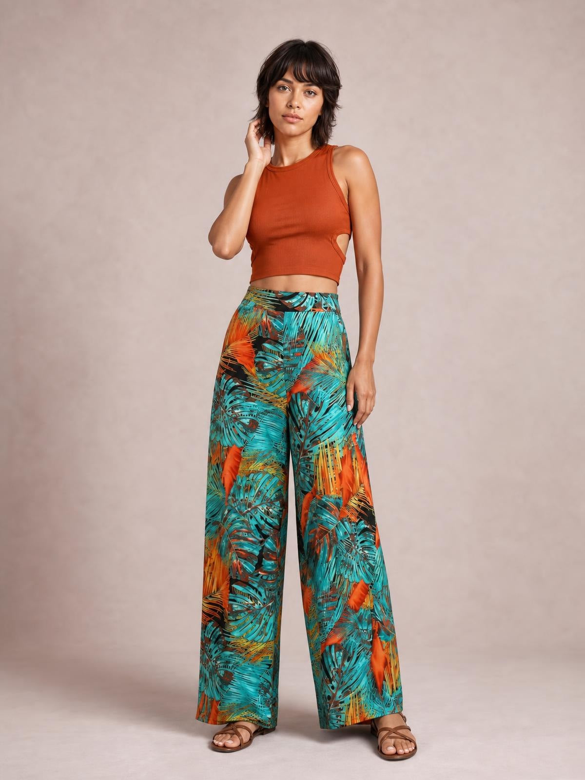 Printed High Waist Wide Leg Pants · Medium / Three-Quarter