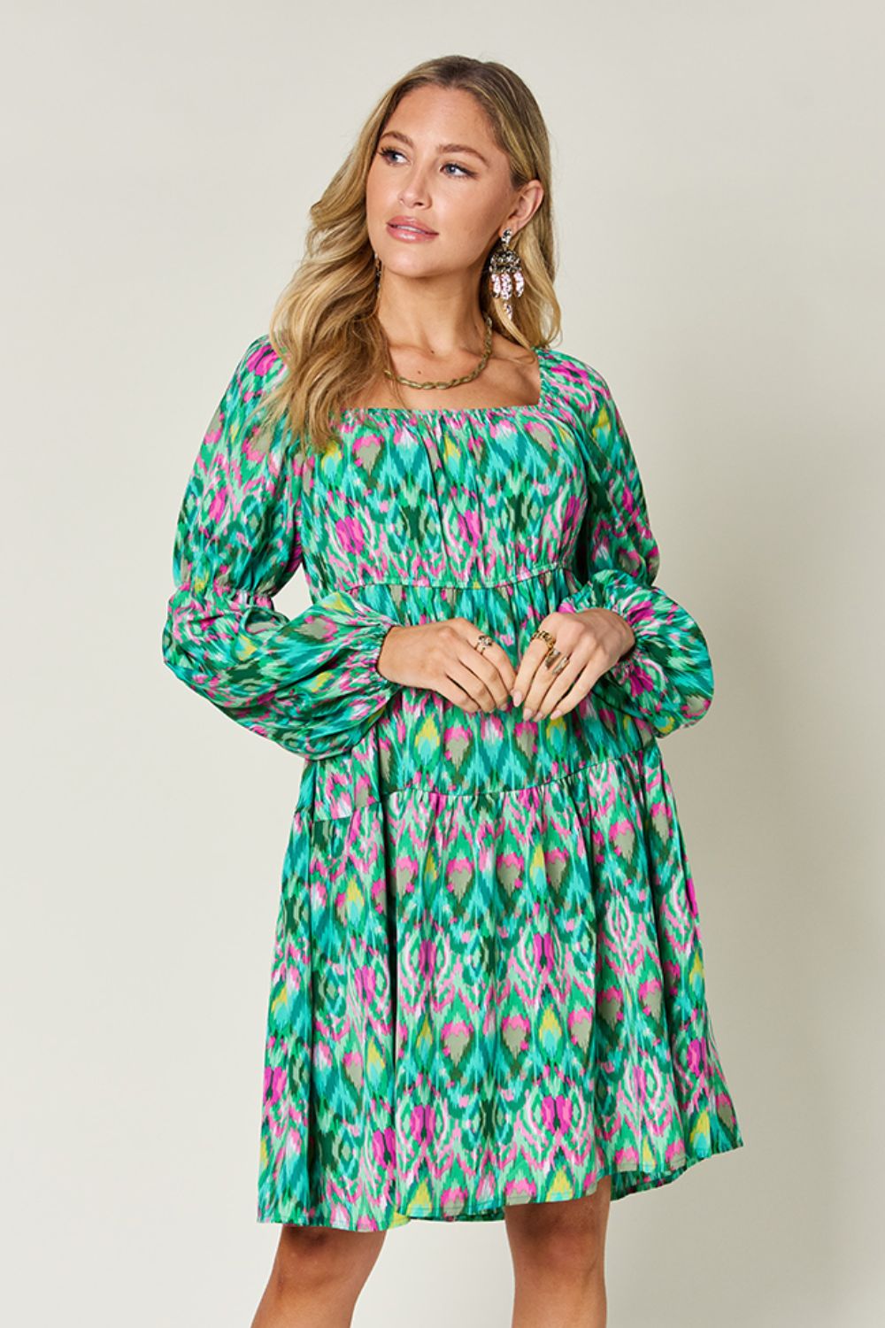 Printed Long Sleeve Dress-Green-S-Soulshine Design