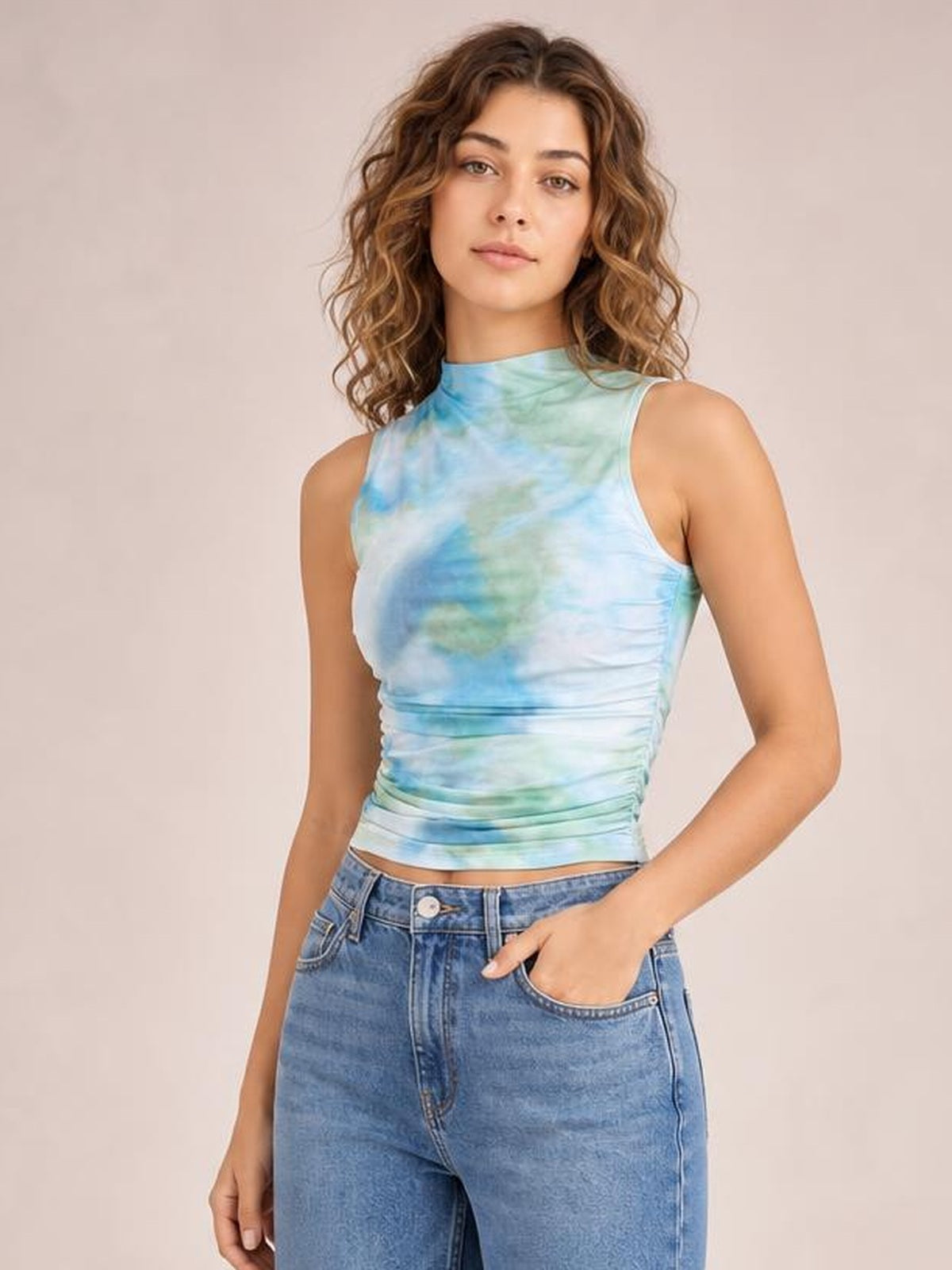 Printed Mock Neck Ruched Tank · Hero Full Body