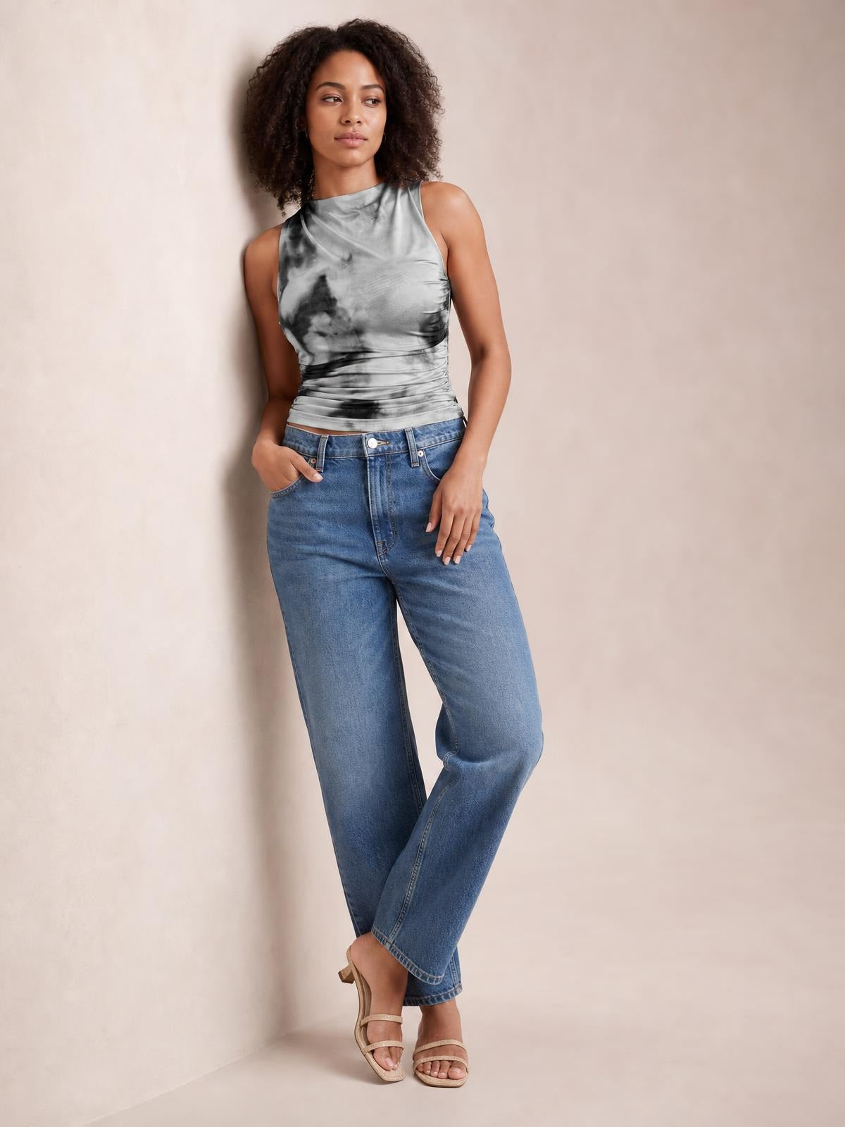 Printed Mock Neck Ruched Tank · Studio Prop Pose