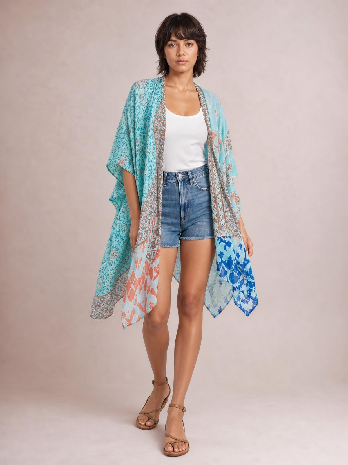 Model wearing a turquoise printed open front cover-up with a flowing draped silhouette, wide sleeves, and contrasting patterned panels over a white tank top.