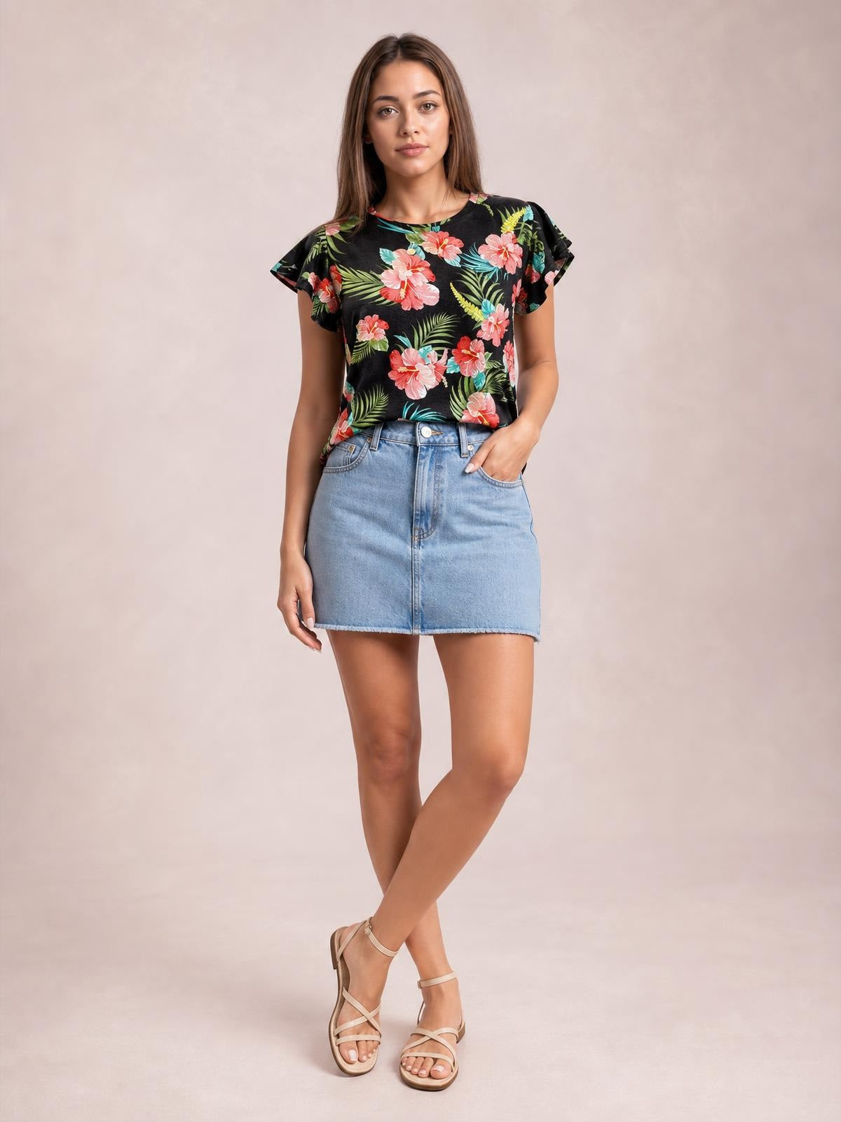 Model poses with one hand in her pocket wearing a black floral printed round neck short sleeve T-shirt with ruffled sleeves and a relaxed silhouette.