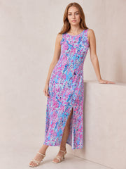 Printed Round Neck Slit Sleeveless Dress-Multicolor-S-Soulshine Design