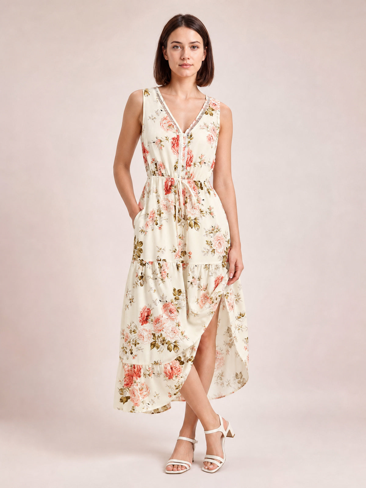 Printed Ruffled Hem V-Neck Sleeveless Dress-Soulshine Design