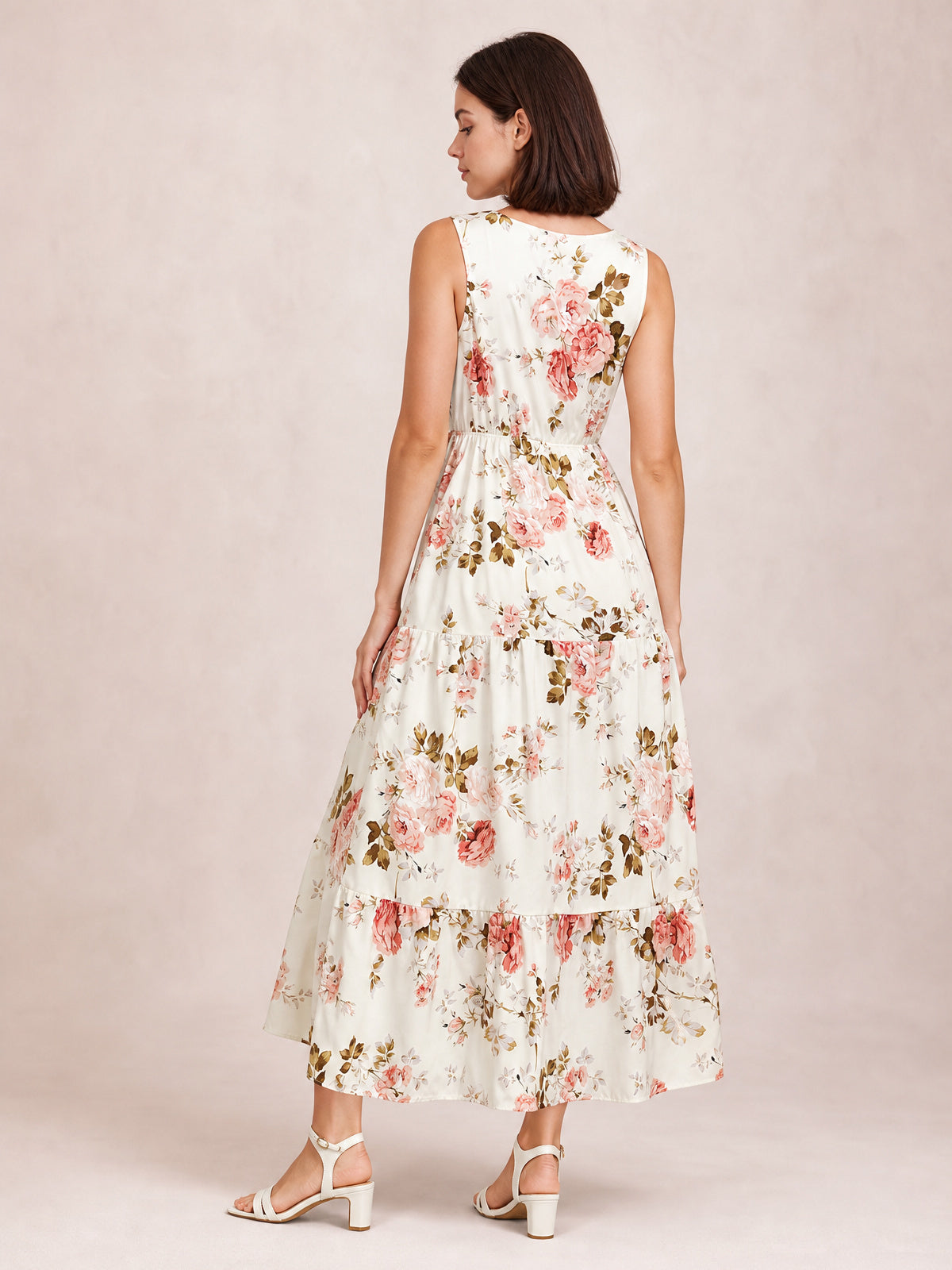 Printed Ruffled Hem V-Neck Sleeveless Dress-Soulshine Design
