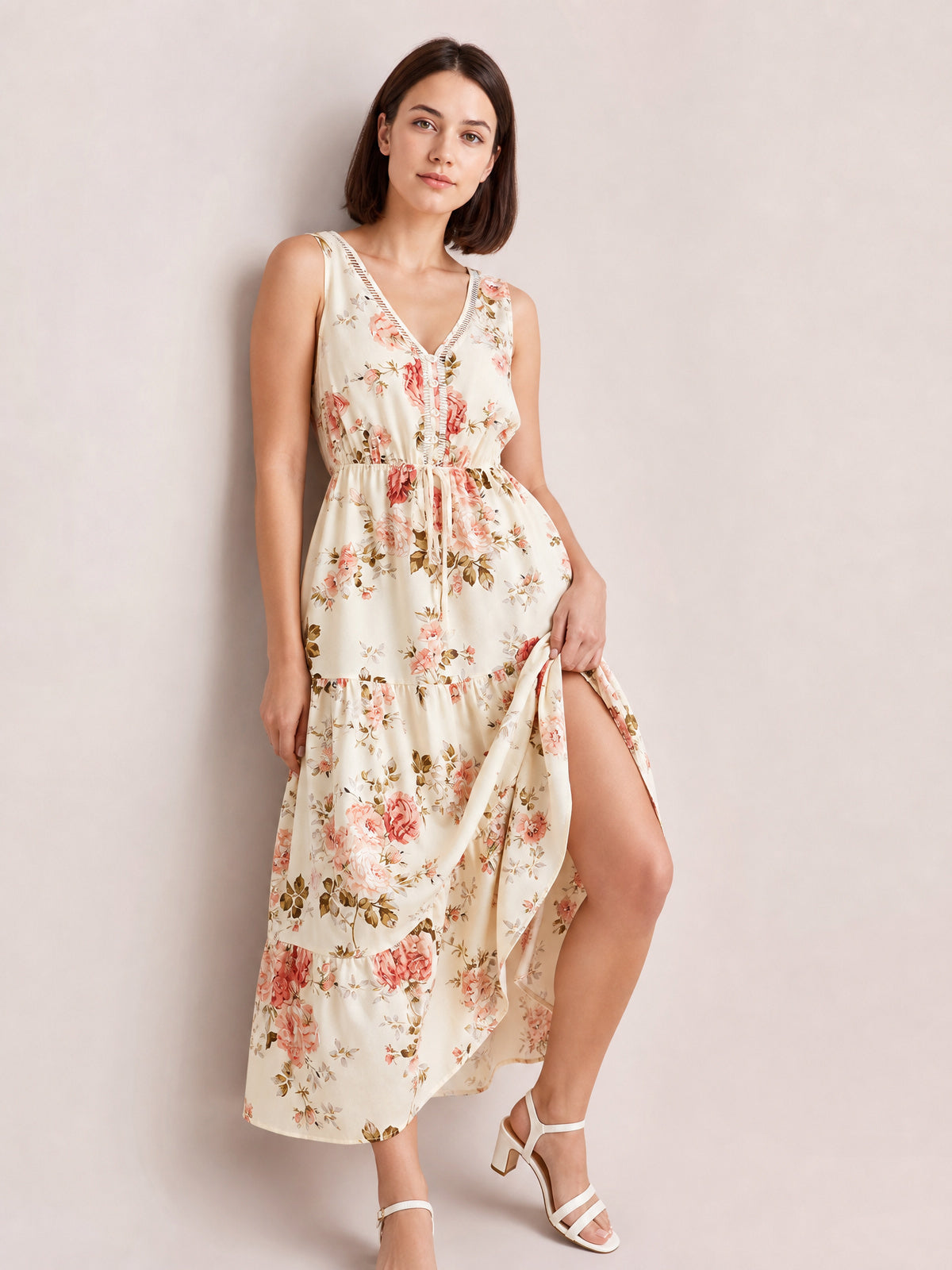 Printed Ruffled Hem V-Neck Sleeveless Dress-Soulshine Design