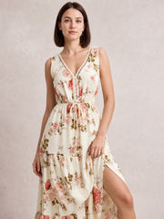 Printed Ruffled Hem V-Neck Sleeveless Dress-Cream-S-Soulshine Design