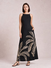 Printed Sleeveless Maxi Dress-Black-Foliage-XS-Soulshine Design
