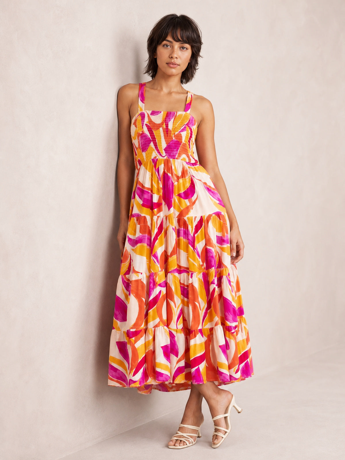 Printed Smocked Square Neck Tiered Sleeveless Dress-Soulshine Design