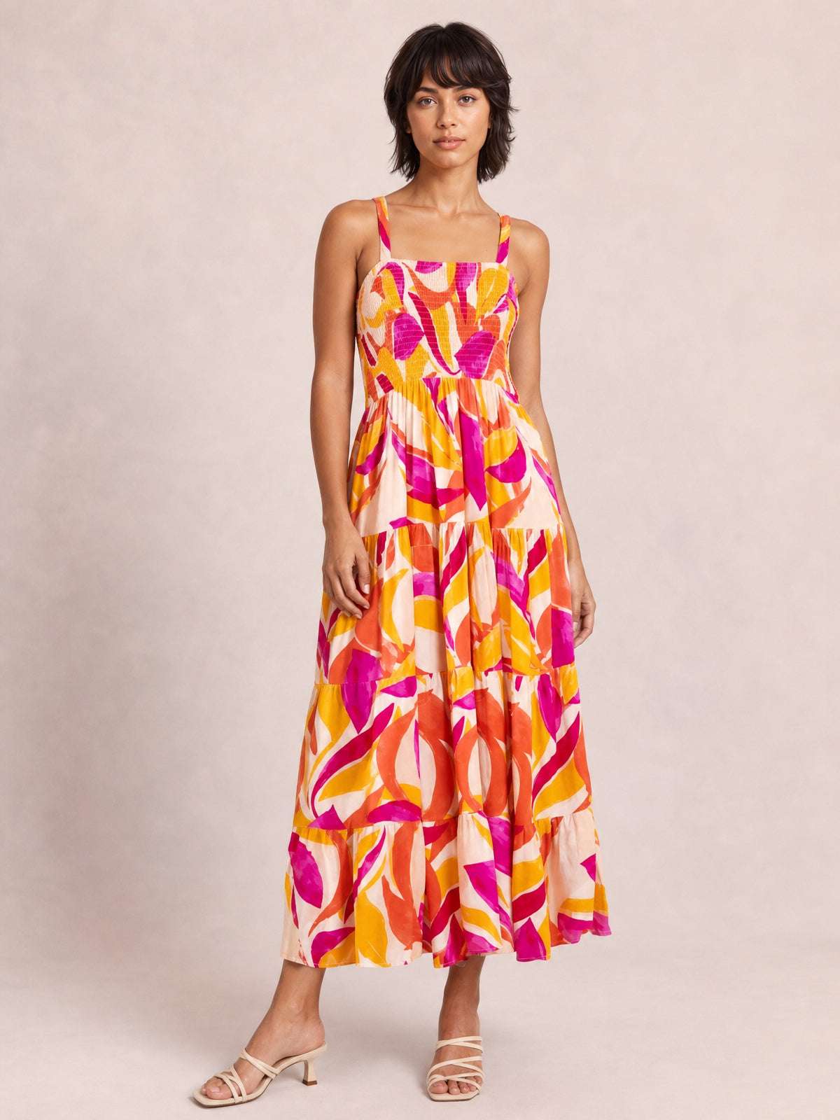Printed Smocked Square Neck Tiered Sleeveless Dress-Soulshine Design