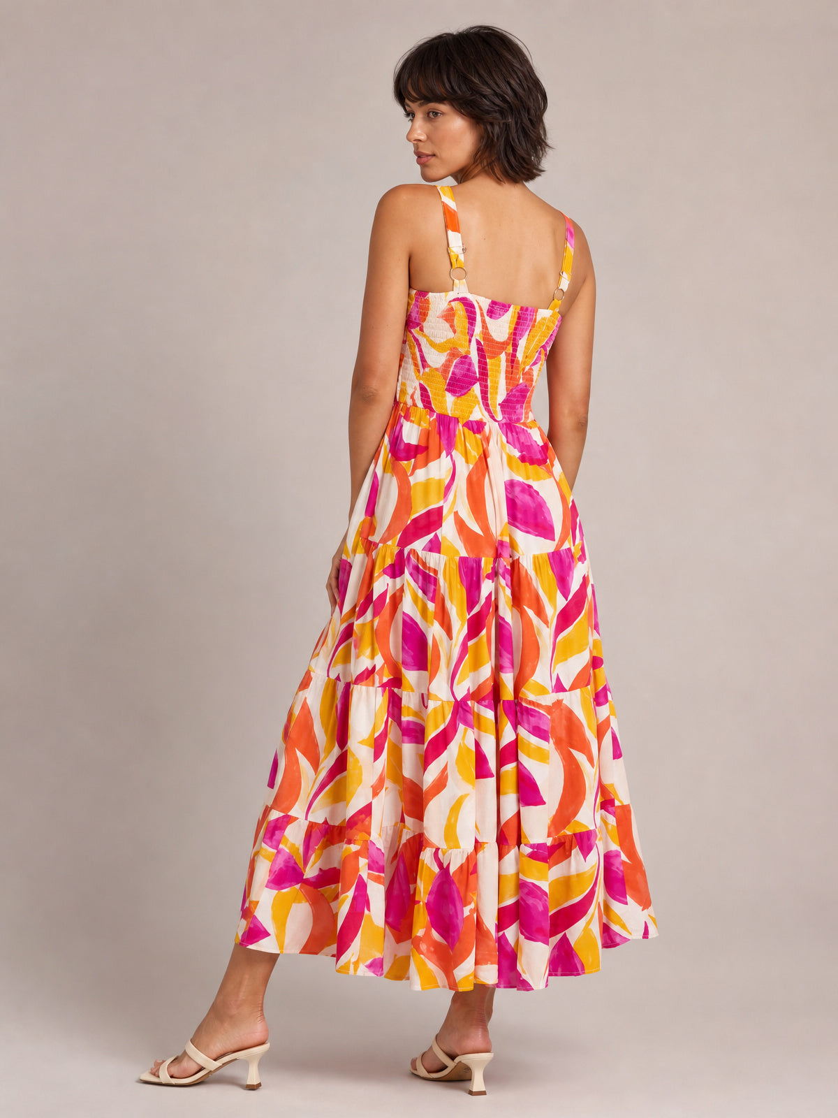 Printed Smocked Square Neck Tiered Sleeveless Dress-Soulshine Design
