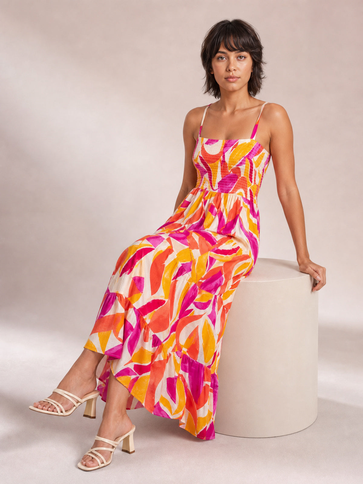 Printed Smocked Square Neck Tiered Sleeveless Dress-Soulshine Design
