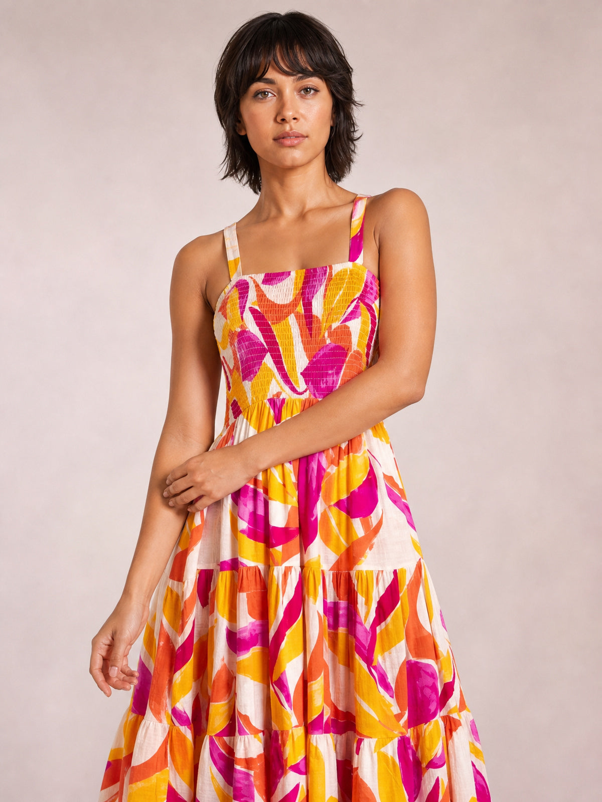 Printed Smocked Square Neck Tiered Sleeveless Dress-Multicolor-S-Soulshine Design