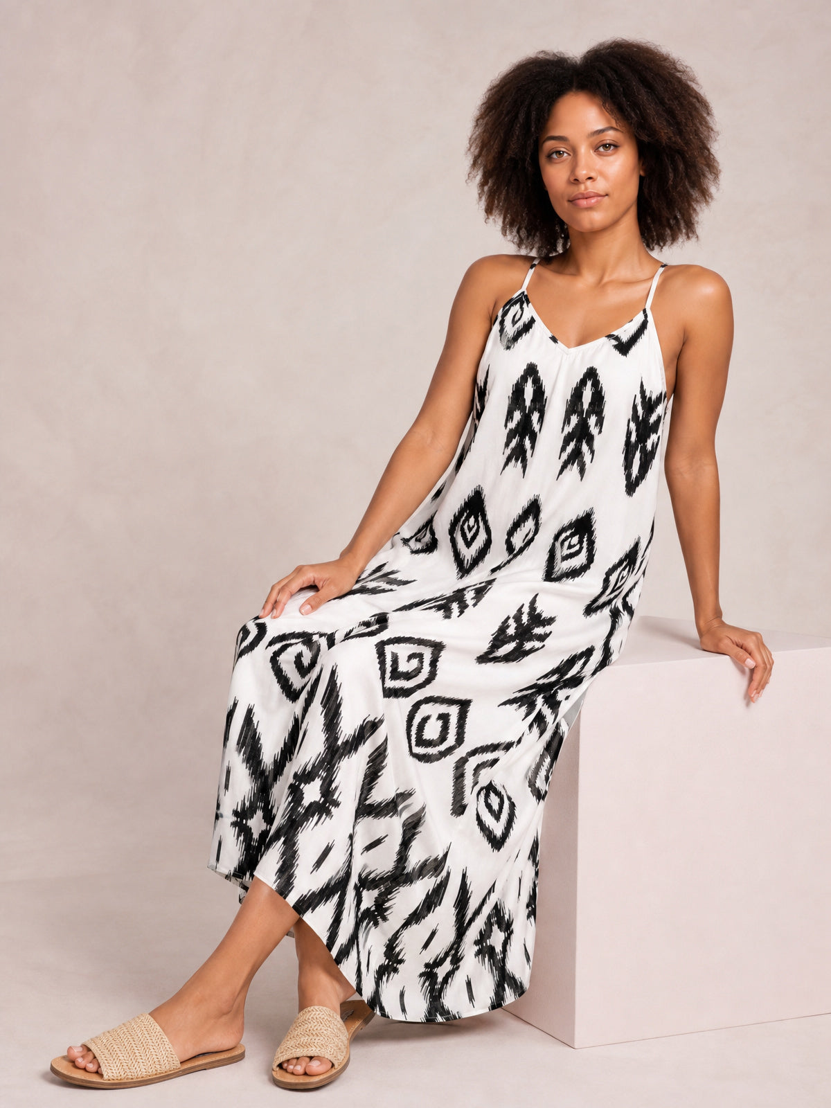 Printed Spaghetti Strap Cami Dress-Beige-S-Soulshine Design