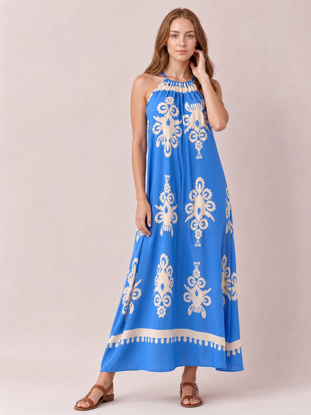 Printed Spaghetti Strap Sleeveless Maxi Dress-Blue-S-Soulshine Design